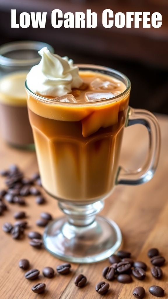 A glass of low carb iced coffee topped with whipped cream and coffee beans on a wooden table.